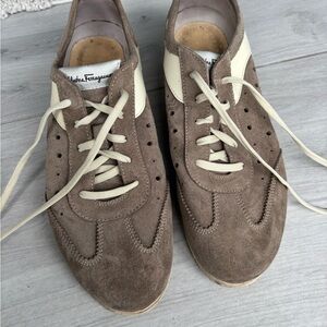Salvatore Ferragamo Men’s Suede Sneakers in Taupe and Cream